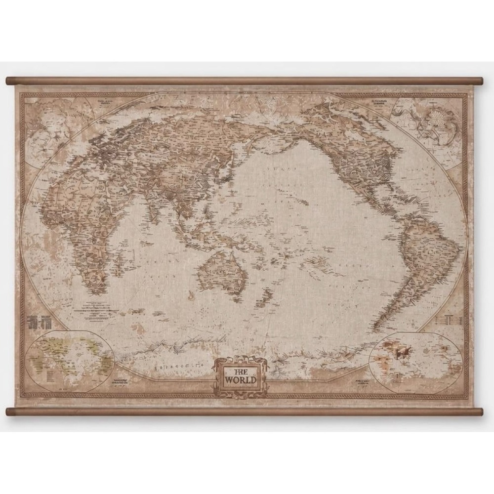 Vintage Style 48x32 Fabric World Map Scroll Wall Art Sepia Tones